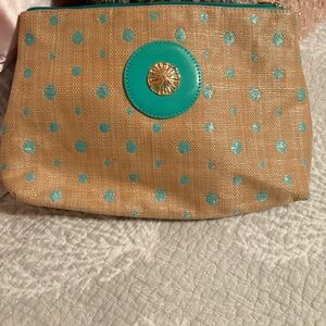 Elegant Tan and Blue Polka Dot Cosmetic Bag